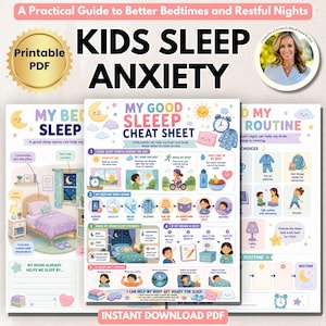 May include: A printable PDF guide titled Kids Sleep Anxiety featuring a My Good Sleep Cheat Sheet with colourful illustrations, icons, and text instructions for bedtime routines, sleep hygiene, and calming techniques for children to improve rest.