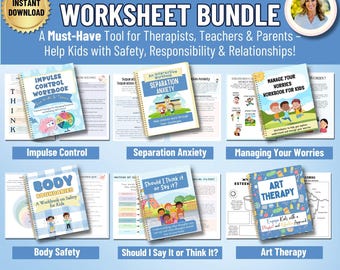 Op de afbeelding: Een bundel van zes werkboeken voor kinderbegeleiding. Titels zijn onder meer "Impulse Control", "Separation Anxiety", "Managing Your Worries", "Body Safety", "Should I Say It or Think It?" en "Art Therapy". Voor therapeuten, leraren en ouders.