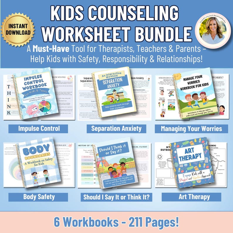May include: A collection of six children's counselling workbooks. Titles include "Impulse Control," "Separation Anxiety," "Managing Your Worries," "Body Safety," "Should I Say It or Think It?," and "Art Therapy." Designed for therapists, teachers, and parents.