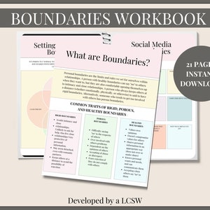 Peut inclure: Un classeur imprimable rose et blanc intitul&eacute; "Boundaries Workbook" avec le texte "Setting Boundaries" et "Social Media Boundaries" dans les coins sup&eacute;rieur gauche et sup&eacute;rieur droit. Le classeur comprend un diagramme de trois cercles qui se chevauchent et qui sont &eacute;tiquet&eacute;s "Rigid Boundaries", "Porous Boundaries" et "Healthy Boundaries". Le texte "What are Boundaries?" est dans une case rose au centre de la page. Le texte "21 Pages Instant Download" est dans une case rose dans le coin sup&eacute;rieur droit de la page. Le texte "Developed by a LCSW" est en bas de la page.