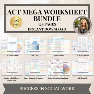 Fogli di lavoro mega bundle per la terapia di accettazione e impegno, metafore ACT, cartella di lavoro ACT, Gettare l'ancora, defusione cognitiva, abilità di coping