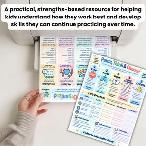 Op de afbeelding: Een geprint educatief werkblad getiteld Pause, Think & Choose met een stappenplan in vijf delen voor emotionele zelfregulering. Het document bevat secties voor oefeningen, handige herinneringen en een persoonlijk plan met kleurrijke iconen en tekst.