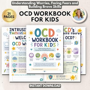 Puede incluir: Un libro de ejercicios de 31 páginas sobre el TOC para niños con ilustraciones coloridas, texto sobre cómo entender las preocupaciones, afrontar miedos y desarrollar valentía, incluyendo un personaje de cerebro con un escudo e iconos.
