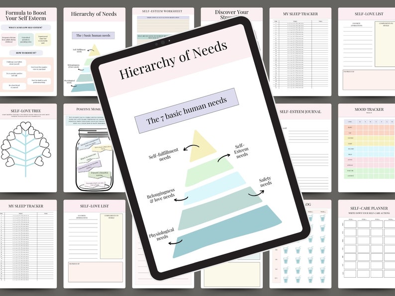 May include: A digital illustration of Maslow's Hierarchy of Needs pyramid with the 7 basic human needs labeled. The pyramid is divided into five levels: physiological, safety, belongingness and love, esteem, and self-actualization. The illustration is on a tablet screen.