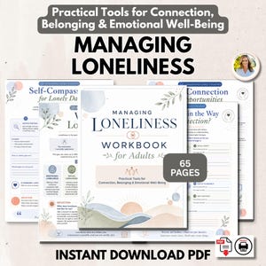 以下が含まれることがあります： 「Managing Loneliness for Adults」と題された65ページのデジタルワークブック。つながり、帰属意識、心の健康のための実践的なツールが掲載されており、ワークシート、振り返りセクション、柔らかな色調のイラストが含まれています。
