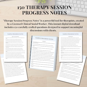 Pu&ograve; includere: Un download digitale di 150 note di progresso delle sessioni di terapia per i terapeuti. Le note sono progettate per supportare discussioni significative con i clienti. Le note sono organizzate per argomento, tra cui ansia, depressione e disturbo bipolare.