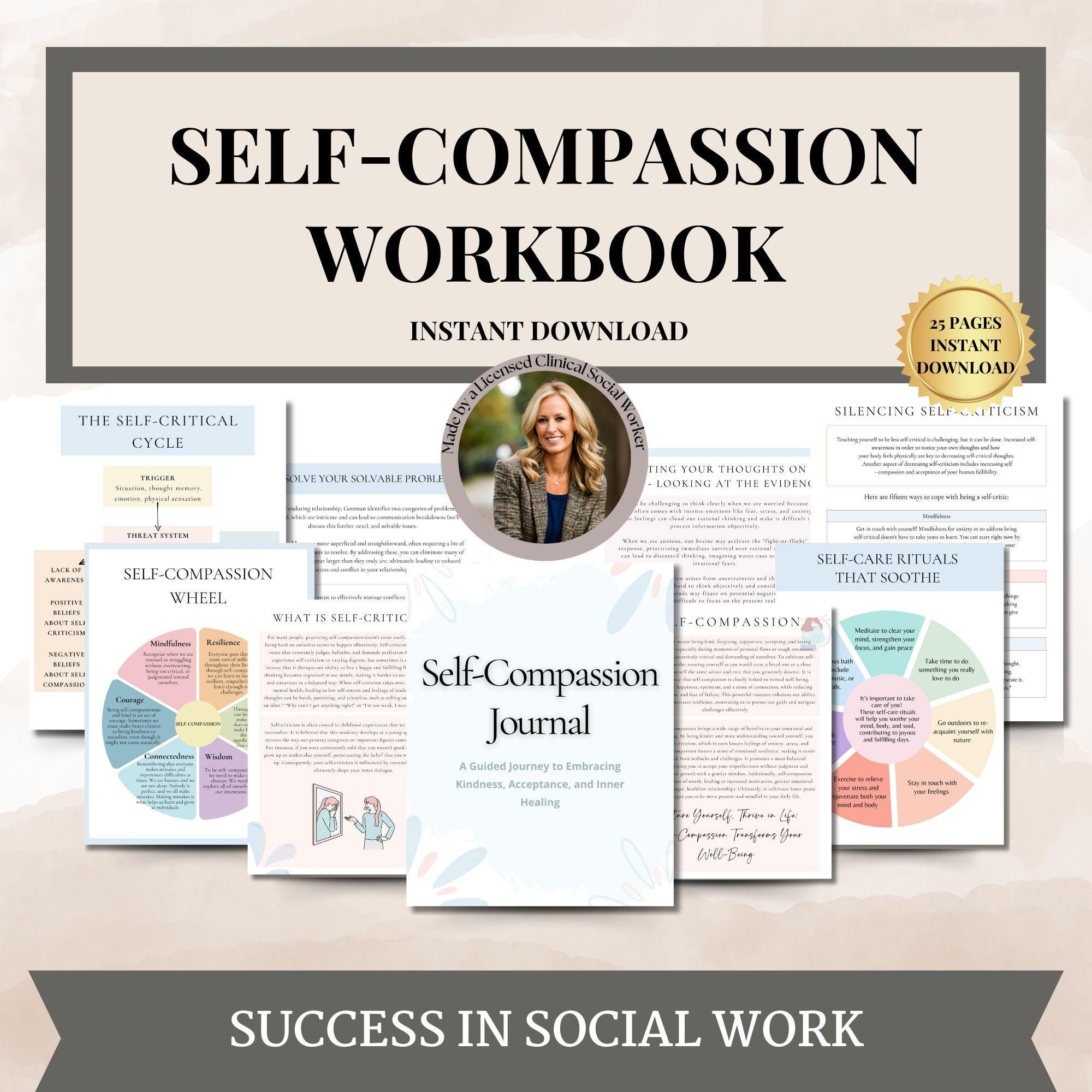 Self-compassion journal, therapy journal, therapy worksheets, mental health planner, self-care workbook, positive affirmations,coping skills