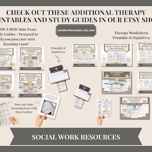May include: A collage of printable and digital therapy worksheets and study guides for social workers. The image includes titles such as "Grief Therapy Worksheet Bundle", "Fight, Flight, Freeze, Fawn Response", "Teen Therapy Worksheet Bundle", and "Ultimate Tracking of Psychotropic Meds".