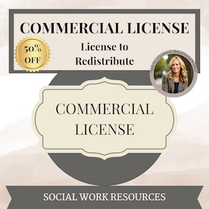 以下が含まれることがあります： 黒色の「COMMERCIAL LICENSE」というテキストが書かれたグレーと白のグラフィック。グラフィックには、「50% OFF」というテキストが書かれた金色の星と、「Made by a Licensed Clinical Social Worker」というテキストが書かれた女性の画像も含まれています。