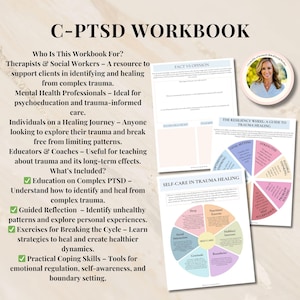 May include: A workbook titled "C-PTSD Workbook" with a pink and blue colour scheme. The workbook is designed to help people understand and heal from complex trauma. It includes sections on education, guided reflection, exercises for breaking the cycle, and practical coping skills. The workbook also features two colourful wheels, one titled "The Resiliency Wheel: A Guide to Trauma Healing" and the other titled "Self-Care in Trauma Healing".