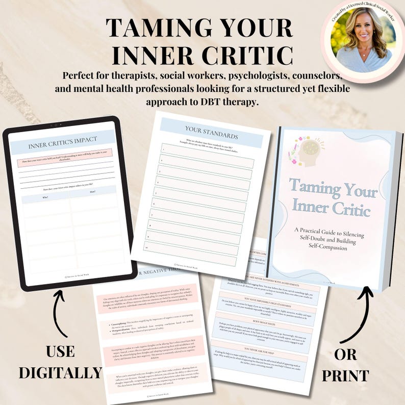 Puede incluir: Un cuaderno de trabajo digital con el t&iacute;tulo "Taming Your Inner Critic: A Practical Guide to Silencing Self-Doubt and Building Self-Compassion". El cuaderno incluye hojas de trabajo para identificar y gestionar los pensamientos negativos. El cuaderno se puede utilizar digitalmente o imprimir.