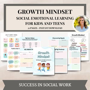Könnte beinhalten: Ein Satz druckbarer Arbeitsblätter für Kinder und Jugendliche, die sich auf sozial-emotionales Lernen und eine Wachstumsmentalität konzentrieren. Die Arbeitsblätter beinhalten Aktivitäten wie die Identifizierung von Kernwerten, die Selbstfindung, die Festlegung von Zielen und die Suche nach einem Sinn. Die Arbeitsblätter sollen Kindern helfen, Selbstbewusstsein, emotionale Regulierung und positives Selbstgespräch zu entwickeln.