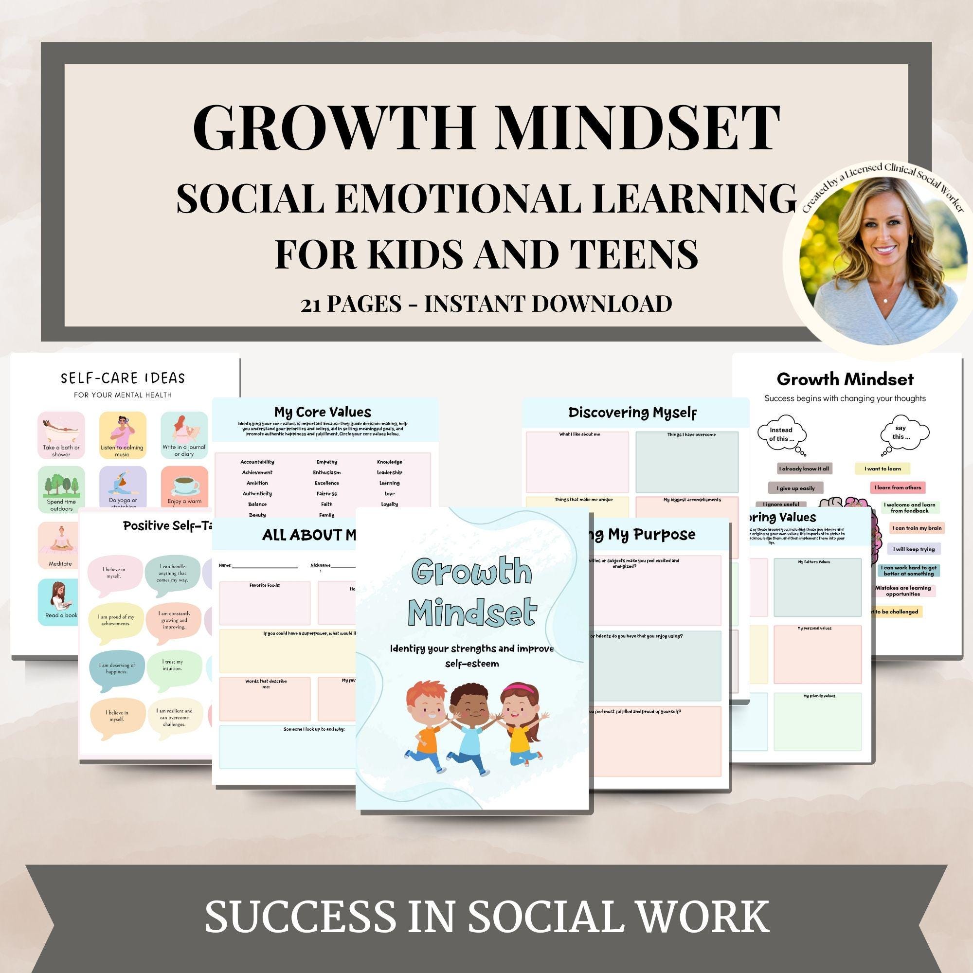 Growth Mindset Childrens Therapy Workbook for kids teens, Emotional Regulation and Coping Skills for Kids, Kids  Play Therapy Worksheets SEL
