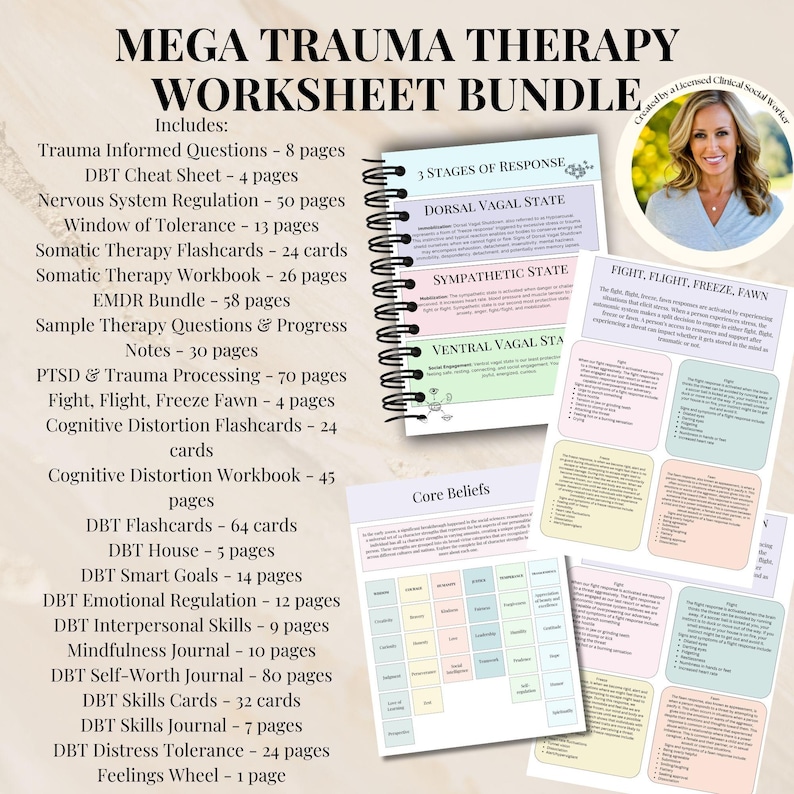 May include: A collection of printable worksheets and flashcards for trauma therapy. The worksheets cover topics such as trauma informed questions, DBT cheat sheet, nervous system regulation, window of tolerance, somatic therapy, EMDR, PTSD, and trauma processing. The flashcards cover topics such as cognitive distortion, fight, flight, freeze, fawn, and DBT skills. The worksheets are organized in a binder with a pink, blue, and green color scheme.