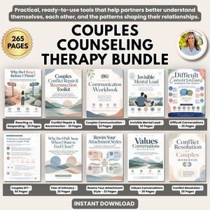 May include: A digital couples counseling therapy bundle featuring 265 pages across ten workbooks. Titles include Why Do I React Before I Think, Couples Conflict Repair, Communication Workbook, Invisible Mental Load, and Difficult Conversations.