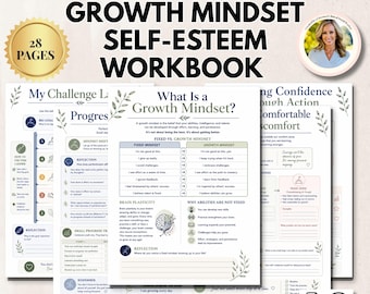 May include: A 28-page Growth Mindset Self-Esteem Workbook in PDF format. The pages feature text, charts, and illustrations explaining fixed versus growth mindsets, brain plasticity, and confidence-building exercises with a botanical leaf motif.