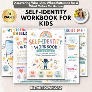 May include: A 31-page self-identity workbook for kids featuring a colourful cover with a rainbow, a child silhouette, and icons like a heart, star, and lightbulb. The text reads: Self-Identity Workbook for Kids: Discovering Who I Am, What Matters to Me & What Makes Me Unique.