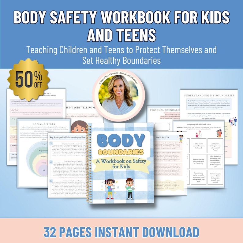May include: A workbook titled "Body Boundaries: A Workbook on Safety for Kids" with a blue and white checkered cover. The image includes pages with text and illustrations, and a gold 50% off sticker. The text reads "Body Safety Workbook for Kids and Teens."