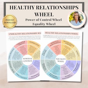 May include: A digital download titled "Healthy Relationships Wheel" with the text "Power of Control Wheel" and "Equality Wheel." The image includes a circular diagram illustrating unhealthy and healthy relationship dynamics, with sections on coercion, intimidation, and respect.
