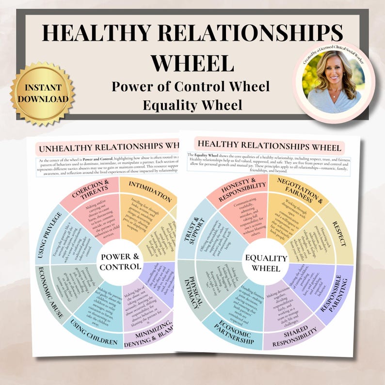 May include: A digital download titled "Healthy Relationships Wheel" with the text "Power of Control Wheel" and "Equality Wheel." The image includes a circular diagram illustrating unhealthy and healthy relationship dynamics, with sections on coercion, intimidation, and respect.