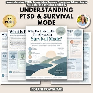 May include: A 30-page digital workbook titled Understanding PTSD & Survival Mode, featuring a cover with a landscape illustration of rolling hills and a sun. The pages include text about trauma responses, emotional regulation, and self-reflection exercises.