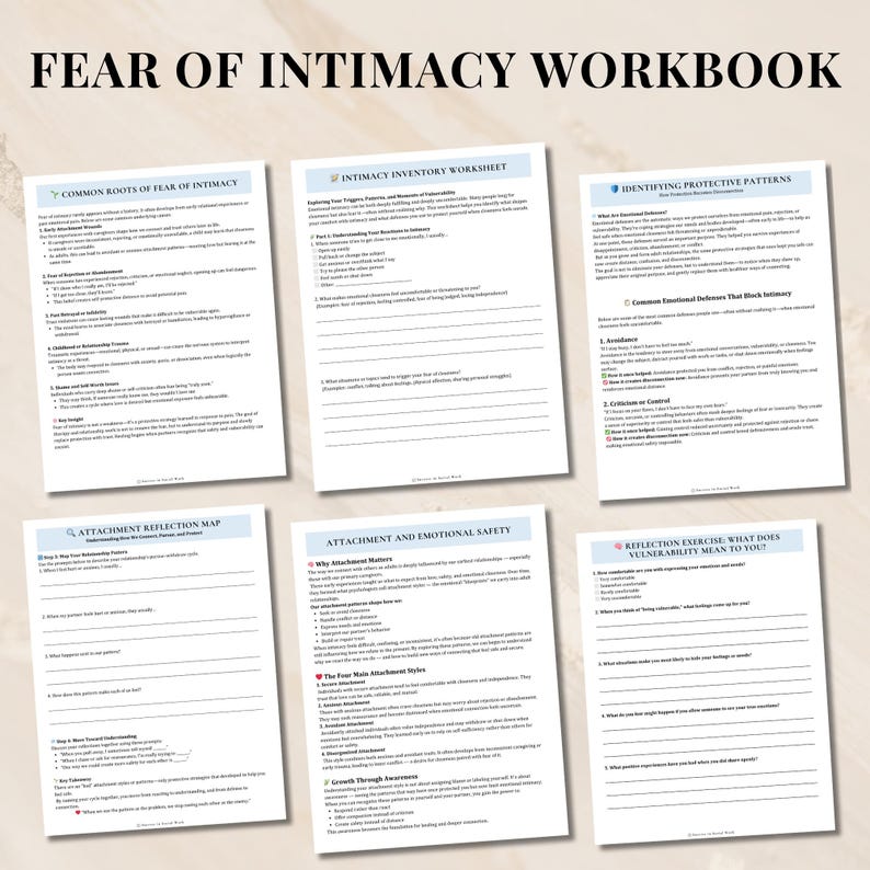 May include: A workbook titled "FEAR OF INTIMACY WORKBOOK" with various worksheets. The worksheets cover topics like "Common Roots of Fear of Intimacy," "Intimacy Inventory Worksheet," and "Identifying Protective Patterns." The pages are white with black text.