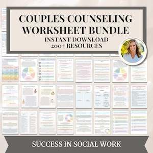 May include: A collection of printable worksheets for couples counseling. The title reads "Couples Counseling Worksheet Bundle" with the text "Instant Download 200+ Resources". The worksheets cover various topics, including the "D BARMAN TECHNIQUE" and "The Pillars of Trust".
