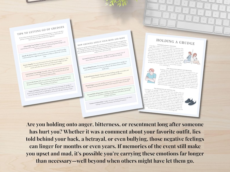May include: Three white papers with text on a wooden surface. The papers are titled "Tips to Letting Go of Grudges", "How Grudges Affect Your Mind and Body", and "Holding a Grudge". A keyboard and plant are in the background. Text at the bottom reads: "Are you holding onto anger..."