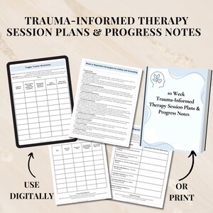 May include: A digital download of a 10-week trauma-informed therapy session plan and progress notes. The printable worksheets include a trigger tracker, regulation strategies, and safety and grounding techniques. Use the worksheets digitally or print them out.