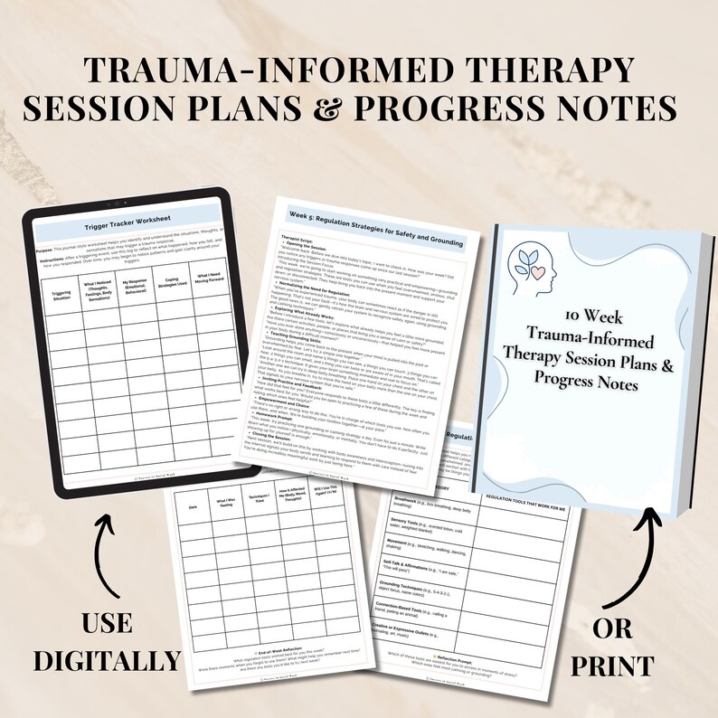May include: A digital download of a 10-week trauma-informed therapy session plan and progress notes. The printable worksheets include a trigger tracker, regulation strategies, and safety and grounding techniques. Use the worksheets digitally or print them out.