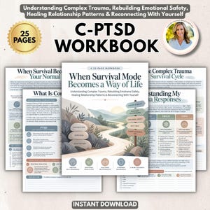May include: A 25-page C-PTSD workbook titled When Survival Mode Becomes a Way of Life. The cover features a winding path through a landscape with stacked stones and a signpost. Includes pages on understanding trauma, survival cycles, and responses.