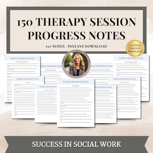 Op de afbeelding: Een digitale download van 150 therapie-sessie voortgangsnotities, met een voorbeeldpagina die een voortgangsnotitie voor woedemanagement laat zien. De notities zijn gemaakt door een gecertificeerde klinisch sociaal werker. De tekst "150 NOTITIES - DIRECTE DOWNLOAD" staat bovenaan de pagina. De tekst "SUCCES IN SOCIAAL WERK" staat onderaan de pagina.