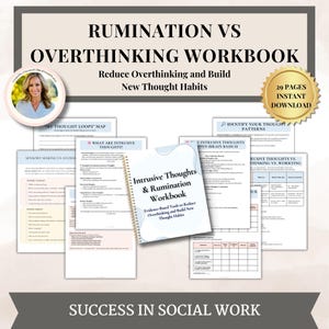 Può includere: Un quaderno di lavoro intitolato "RUMINATION VS OVERTHINKING WORKBOOK" con il sottotitolo "Reduce Overthinking and Build New Thought Habits". L'immagine mostra un libro a spirale e diversi fogli di lavoro. Il testo "29 PAGES INSTANT DOWNLOAD" è anch'esso visibile.