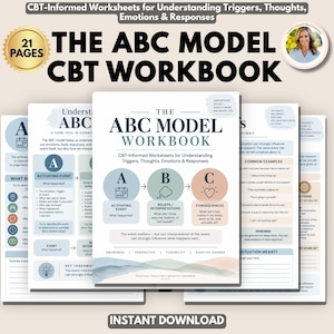 May include: A 21-page CBT workbook featuring the ABC model for understanding triggers, thoughts, emotions, and responses. The cover displays the title, a diagram with A, B, and C circles, and text including awareness, perspective, flexibility, and positive change.