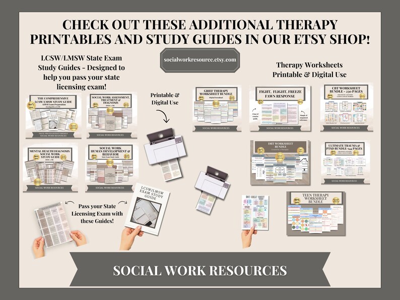 May include: A collage of printable and digital therapy worksheets and study guides for social workers. The image includes titles such as "Grief Therapy Worksheet Bundle", "Fight, Flight, Freeze, Fawn Response", "Teen Therapy Worksheet Bundle", and "Ultimate Tracking of Psychotropic Meds".