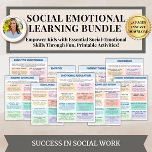May include: A printable social-emotional learning bundle for kids. The bundle includes 28 pages of activities focused on executive functioning, empathy, emotional regulation, positive thinking, confidence, building character, social skills, and building self-esteem. The pages are colorful and feature illustrations.