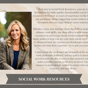 May include: A woman with blonde hair smiles at the camera. She is wearing a brown and white patterned blazer. The text "Welcome to Social Work Resources, your go-to destination for high-quality downloadable social work resources!" is displayed above her. The text "SOCIAL WORK RESOURCES" is displayed at the bottom of the image.