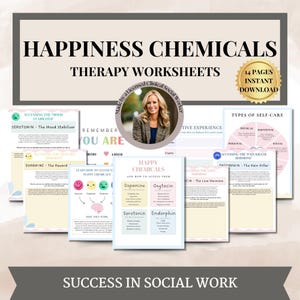 Hoja de trabajo sobre los químicos de la felicidad, afirmaciones, psicología social, hojas de trabajo de terapia para terapeutas, consejeros escolares, decoración de la oficina de terapia, TCC DBT
