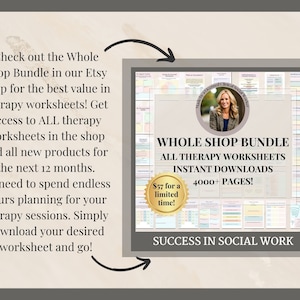May include: A digital product bundle for social workers, featuring over 4,000 pages of therapy worksheets. The bundle includes instant downloads and is available for a limited time at $57. The image shows a collage of worksheets and a woman's headshot.