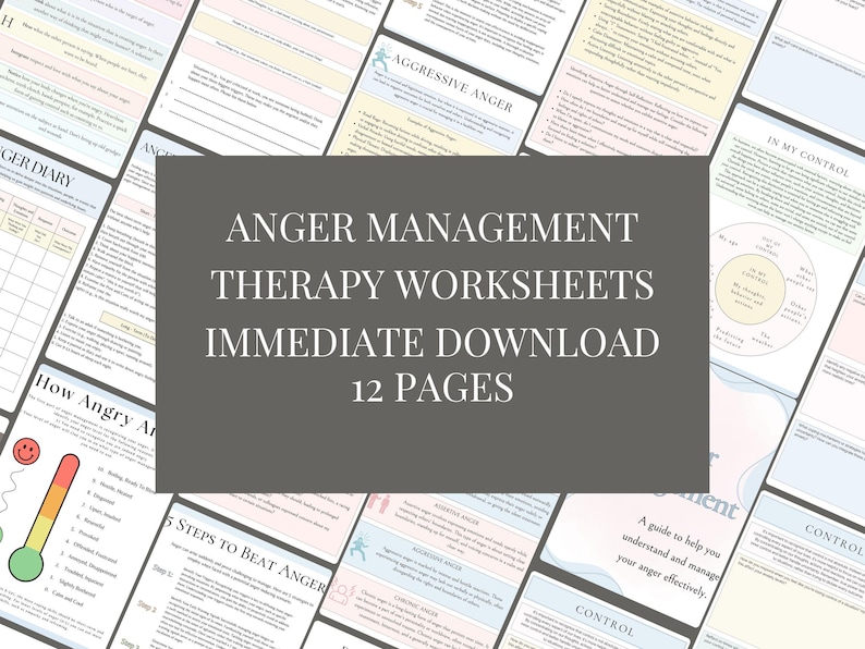 May include: A collage of 12 printable worksheets for anger management therapy. The worksheets are in a light pink and blue color scheme with a gray background. The text "ANGER MANAGEMENT THERAPY WORKSHEETS IMMEDIATE DOWNLOAD 12 PAGES" is in white text on a gray background.