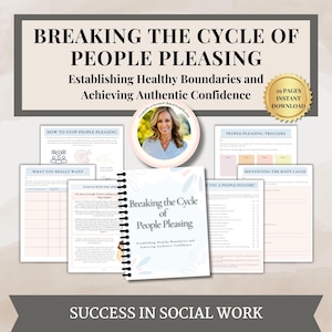 Puede incluir: Un libro de trabajo digital titulado "Romper el ciclo de complacer a la gente: Establecer límites saludables y lograr una confianza auténtica" con una encuadernación en espiral y un diseño floral. El libro de trabajo incluye hojas de trabajo y ejercicios para ayudar a las personas a dejar de complacer a los demás.