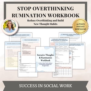 Può includere: Un quaderno di lavoro intitolato "Stop Overthinking Ruminations" con il sottotitolo "Riduci il pensiero eccessivo e costruisci nuove abitudini di pensiero". La copertina presenta la foto di una donna e un sigillo dorato con la scritta "20 pagine download istantaneo."