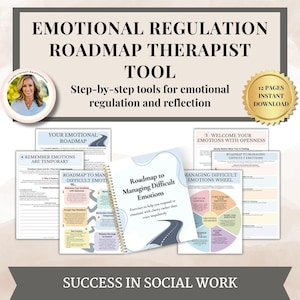 Peut inclure: Téléchargement numérique pour les thérapeutes, comprenant une feuille de route de la régulation émotionnelle. L'image comprend un cahier à spirales intitulé "Roadmap to Managing Difficult Emotions" et plusieurs feuilles de travail. Le texte indique "Emotional Regulation Roadmap Therapist Tool."