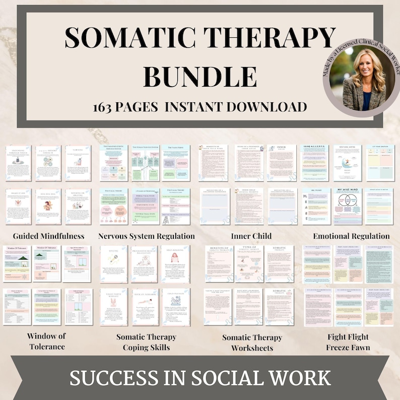 May include: A digital download bundle of 163 pages of printable worksheets for somatic therapy. The worksheets cover topics such as guided mindfulness, nervous system regulation, inner child work, emotional regulation, window of tolerance, coping skills, and fight, flight, freeze, and fawn responses. The bundle is designed for social workers.