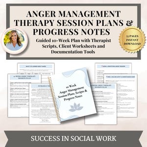 Puede incluir: Una descarga digital para la terapia de manejo de la ira. La imagen presenta un cuaderno con espiral con el título "10 Week Anger Management Session Plans, Scripts & Progress Notes" y varias hojas de trabajo. El texto incluye "55 Pages Instant Download" y "Success in Social Work."