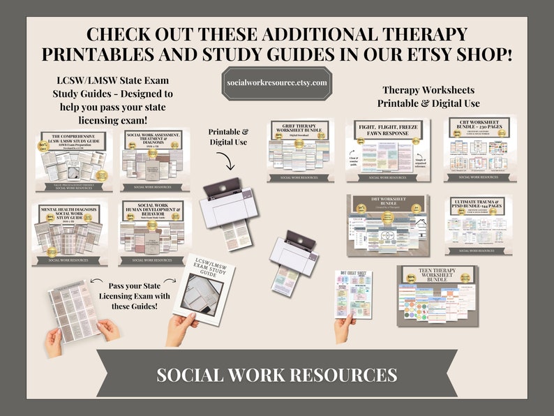 Op de afbeelding: Een collage van printbare en digitale therapie-werkbladen en studiegidsen voor sociaal werkers. De afbeelding bevat titels zoals "Grief Therapy Worksheet Bundle", "Fight, Flight, Freeze, Fawn Response", "Teen Therapy Worksheet Bundle" en "Ultimate Tracking of Psychotropic Meds".