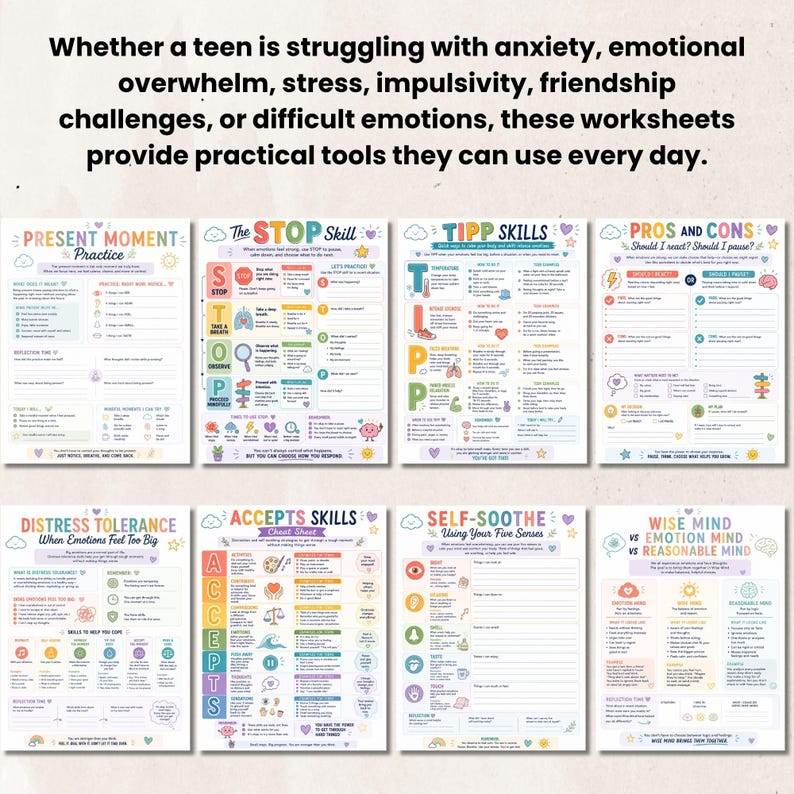 Peut inclure: Une collection de huit fiches p&eacute;dagogiques avec du texte et des ic&ocirc;nes color&eacute;s. Les pages incluent des titres tels que Present Moment Practice, The STOP Skill, TIPP Skills, Pros and Cons, Distress Tolerance, Accepts Skills, Self-Soothe et Wise Mind.