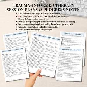 May include: A set of printable PDF therapy session plans for trauma-informed therapy. The pages include titles such as "Understanding Trauma and the Nervous System" and "Cultivating Safety and Grounding".