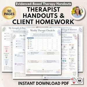 Puede incluir: Una colección de 50 folletos de terapia imprimibles y tareas para clientes en formato PDF. Los documentos incluyen títulos como Weekly Therapy Check-In, My Strengths & Resources y Cognitive Distortions, con secciones para registrar el estado de ánimo.