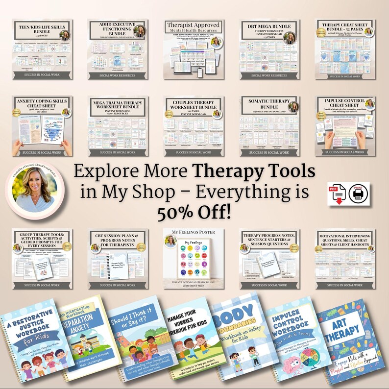 May include: A collection of digital therapy resources and workbooks featuring titles like Teen Kids Life Skills, ADHD Executive Functioning, DBT Mega Bundle, and various cheat sheets. The display includes text promoting therapy tools at 50% off.